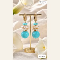 Set lắc tay và bông tai đá lam tròn mix ngọc trai keshi trắng MV2418