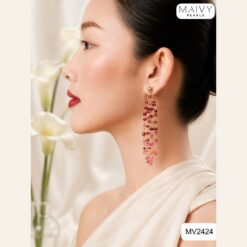 Alternative view of Bông tai đá hồng đỏ nhiều sợi thả dài hiện đại MV2424