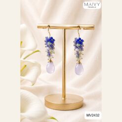 Bông tai đá xanh dương đậm nhạt kết chùm thả giọt tím nhạt khuyên móc MV2432