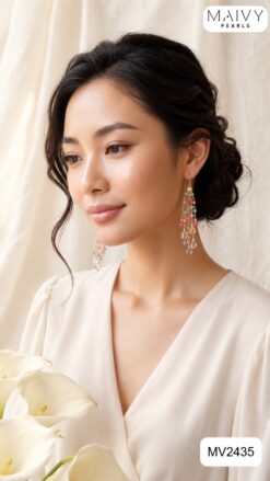 Alternative view of Bông tai đá nhiều màu pastel kết chùm nhiều sợi thả dài MV2435