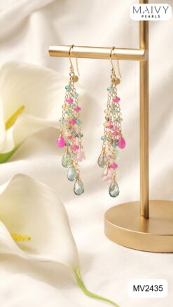 Bông tai đá nhiều màu pastel kết chùm nhiều sợi thả dài MV2435