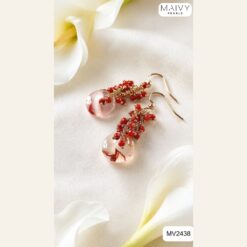 Set san hô tre biển màu đỏ dây chuyền và hoa tai thả dài đồng điếu MV2438