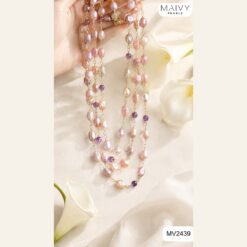 Dây chuyền 4 sợi ngọc trai baroque hồng ánh tím mix thạch anh tím MV2439