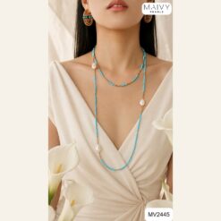 Alternative view of Set dây chuyền và lắc tay đá lam nhí mix ngọc trai trắng charm mạ vàng MV2445