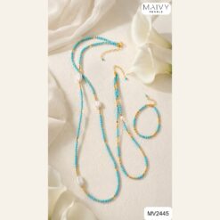Set dây chuyền và lắc tay đá lam nhí mix ngọc trai trắng charm mạ vàng MV2445