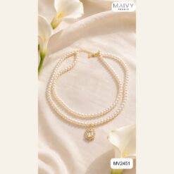 Dây chuyền đôi ngọc trai trắng nhí mặt đá ovan viền đính đá Hương Trăng MV2451