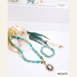 Set thạch anh xanh dương đốt khối mix charm mạ vàng MV2470