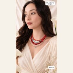 Alternative view of Set dây chuyền san hô tre biển màu đỏ và đá lam dài 40cm MV2472