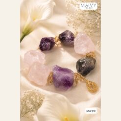 Set dây chuyền và lắc tay thạch anh hồng mix thạch anh tím khối thô charm tua MV2479