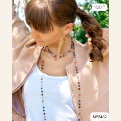 Set dây chuyền dài, dây ngắn và bông tai đá tròn nhiều màu mix bạc mạ vàng MV2482