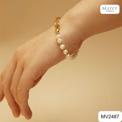 Lắc tay bạc mạ vàng mix ngọc trai trắng 6-7mm MV2487
