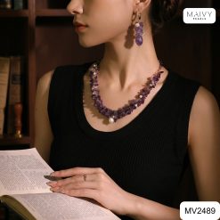 Set dây chuyền 2 tầng và bông tai chùm thạch anh tím mix ngọc trai trắng MV2489