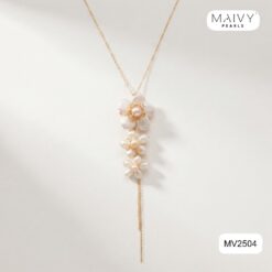 Dây chuyền bạc mạ vàng mặt 3 hoa ngọc trai 5 cánh thả dài MV2504