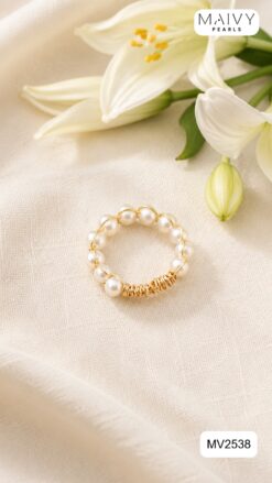 Alternative view of Nhẫn ngọc trai trắng 3mm kết sợi bạc mạ vàng MV2538