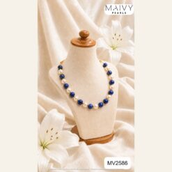 Dây chuyền đá xanh dương tròn mix ngọc trai trắng, loại 1 dây và 2 dây MV2586