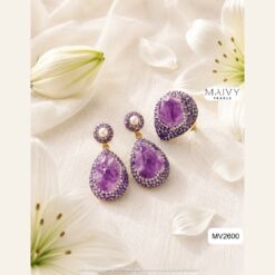 Set bông tai và nhẫn thạch anh tím khối to dáng Trung Đông MV2600