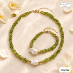 Set dây chuyền lắc tay bông tai đá xanh cốm mảnh nhỏ mix ngọc trai baroque trắng MV2609