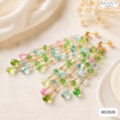 Bông tai đá xanh lá xanh ngọc hồng nhiều sợi thả dài dáng tiệc MV2628