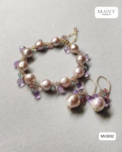 Set lắc tay và bông tai ngọc trai baroque hồng ánh tím mix thạch anh tím MV2632