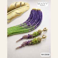 Bộ lắc tay nhiều tầng và hoa tai chùm dài đá peridot mix thạch anh tím MV2656