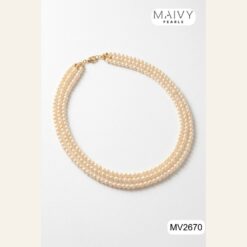 Dây chuyền ngọc trai trắng 3 sợi hạt tròn 4mm khoá chữ T mạ vàng MV2670