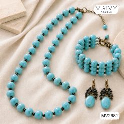 Bộ dây chuyền dài, lắc tay và hoa tai đá turquoise xanh ngọc lam mix hạt đen MV2681