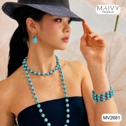 Alternative view of Bộ dây chuyền dài, lắc tay và hoa tai đá turquoise xanh ngọc lam mix hạt đen MV2681