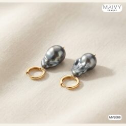 Bộ dây chuyền và hoa tai ngọc trai đen ánh tím baroque khuyên tròn MV2688