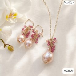 Set dây chuyền và bông tai ngọc trai baroque hồng ánh tím mix đá hồng MV2626
