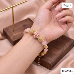 Lắc tay ngọc trai nhí hồng kết chùm mix đá hồng MV2533