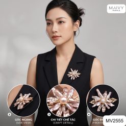 Cài áo ngọc trai baroque dài hồng ánh tím kết hoa to MV2555