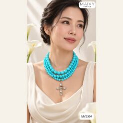 Alternative view of Dây chuyền đá lam 3 tầng hạt tròn mặt thánh giá đính đá MV2304