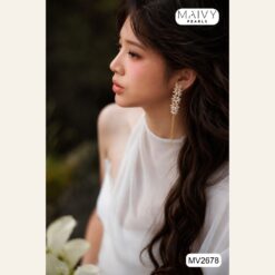 Bông tai hoa ngọc trai thả dài cô dâu MV2678