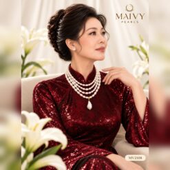 Dây chuyền đôi ngọc trai gạo hồng và đá đỏ mận mặt baroque hồng cam MV2108