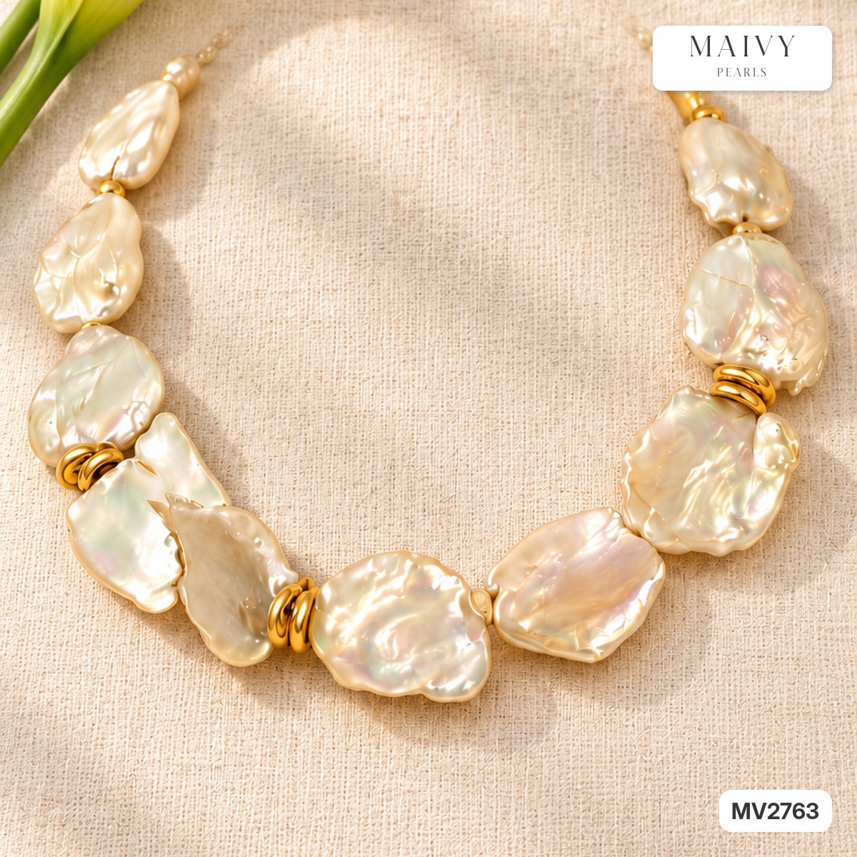Dây chuyền ngọc trai Keshi choker hạt lớn 14-15 ly MV2763