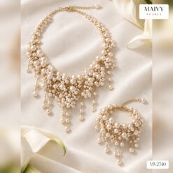 Bộ vòng cổ và lắc tay ngọc trai nhí kết chùm thả rủ dáng cô dâu MV2740