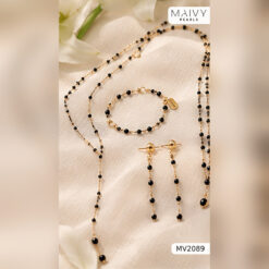 Bộ trang sức spinel đen nhí xích vàng: dây chữ Y, choker 2 tầng, lắc tay, hoa tai MV2089