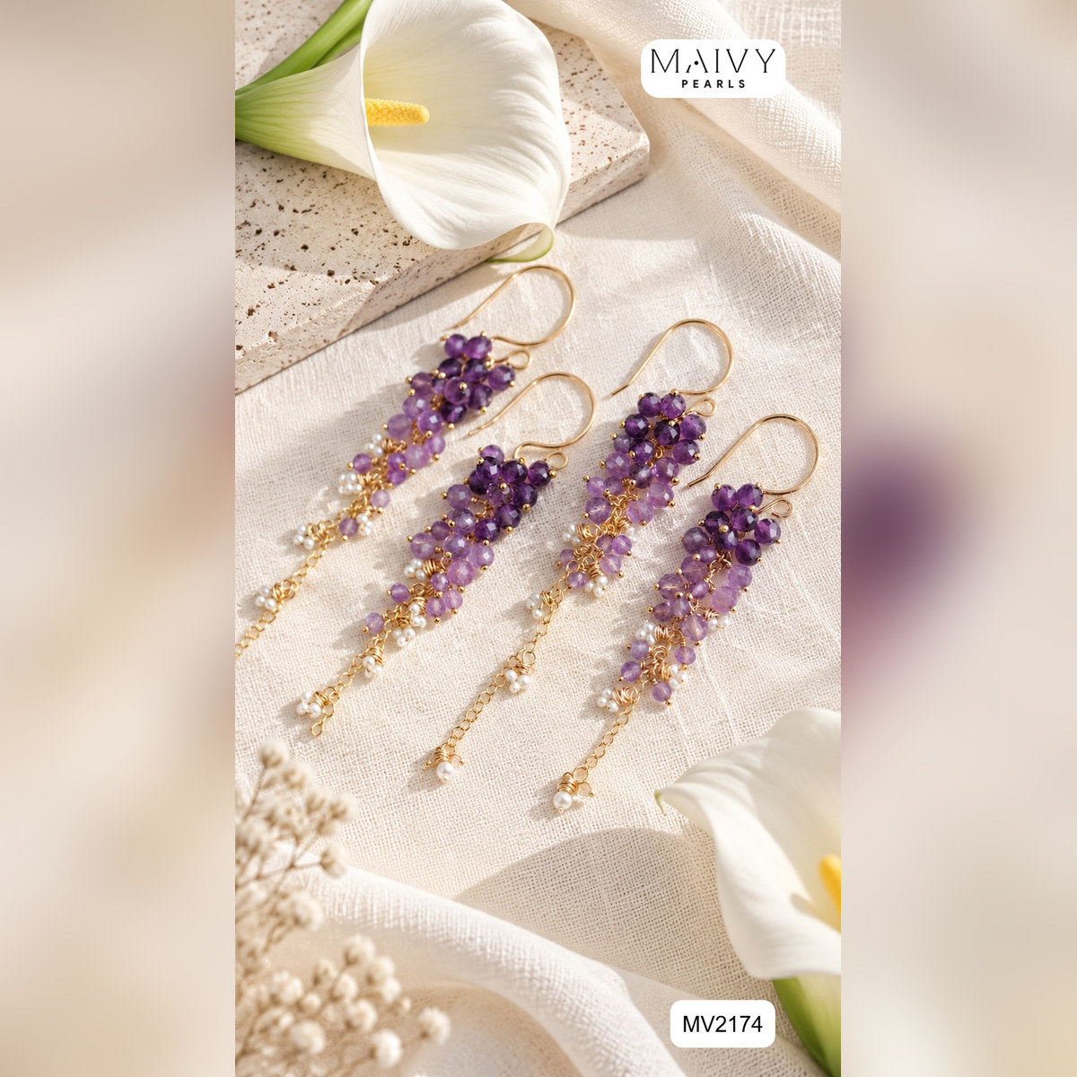 Hoa tai thạch anh tím mix ngọc trai 6cm MV2174