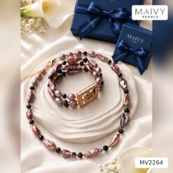 Set dây chuyền và lắc tay ngọc trai baroque 3 sợi hồng ánh tím MV2264