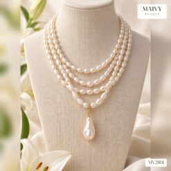 Dây chuyền ngọc trai nước ngọt hạt gạo 4 tầng mặt Baroque, bạc S925 mạ vàng 18K MV2801
