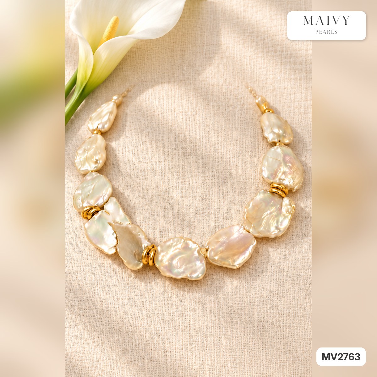 Dây chuyền ngọc trai Keshi choker hạt lớn 14-15 ly MV2763