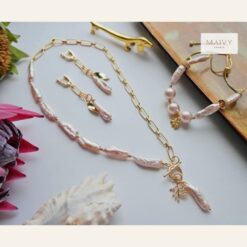 Set ngọc trai dài hồng ánh tím mix xích: dây chuyền, lắc tay, bông tai MV2034