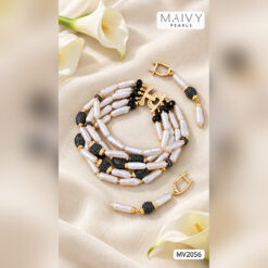 Set lắc tay 5 sợi và bông tai ngọc trai baroque dài trắng mix đá đen MV2056
