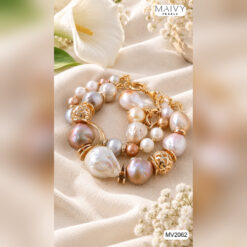 Set lắc tay 2 sợi ngọc trai baroque hồng ánh tím và bông tai chạm hoa văn MV2062