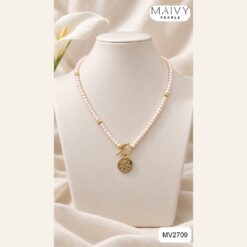 Dây chuyền ngọc trai trắng ánh hồng khoá T-bar mặt đồng xu mạ vàng MV2709