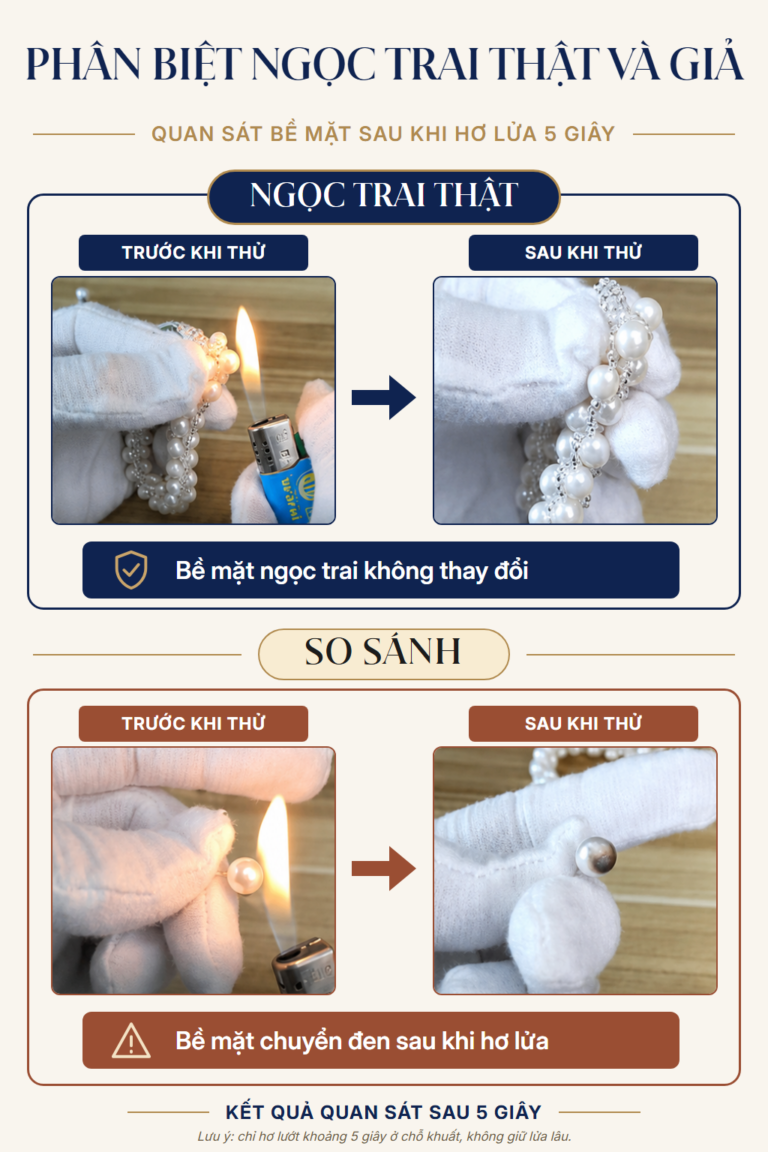 Phân biệt ngọc trai thật và giả bằng cách hơ lửa nhanh 5 giây